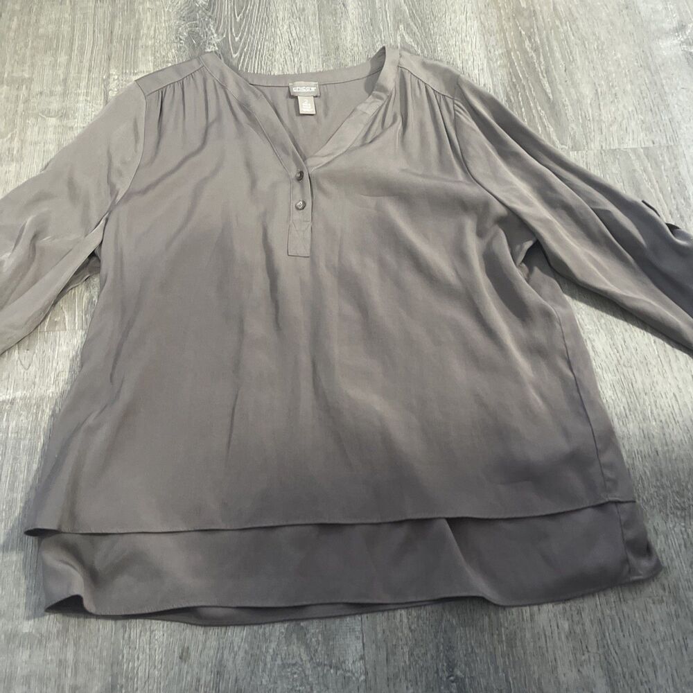 Chico's Beige Long Sleeve Top with rollable button sleeves Size 2